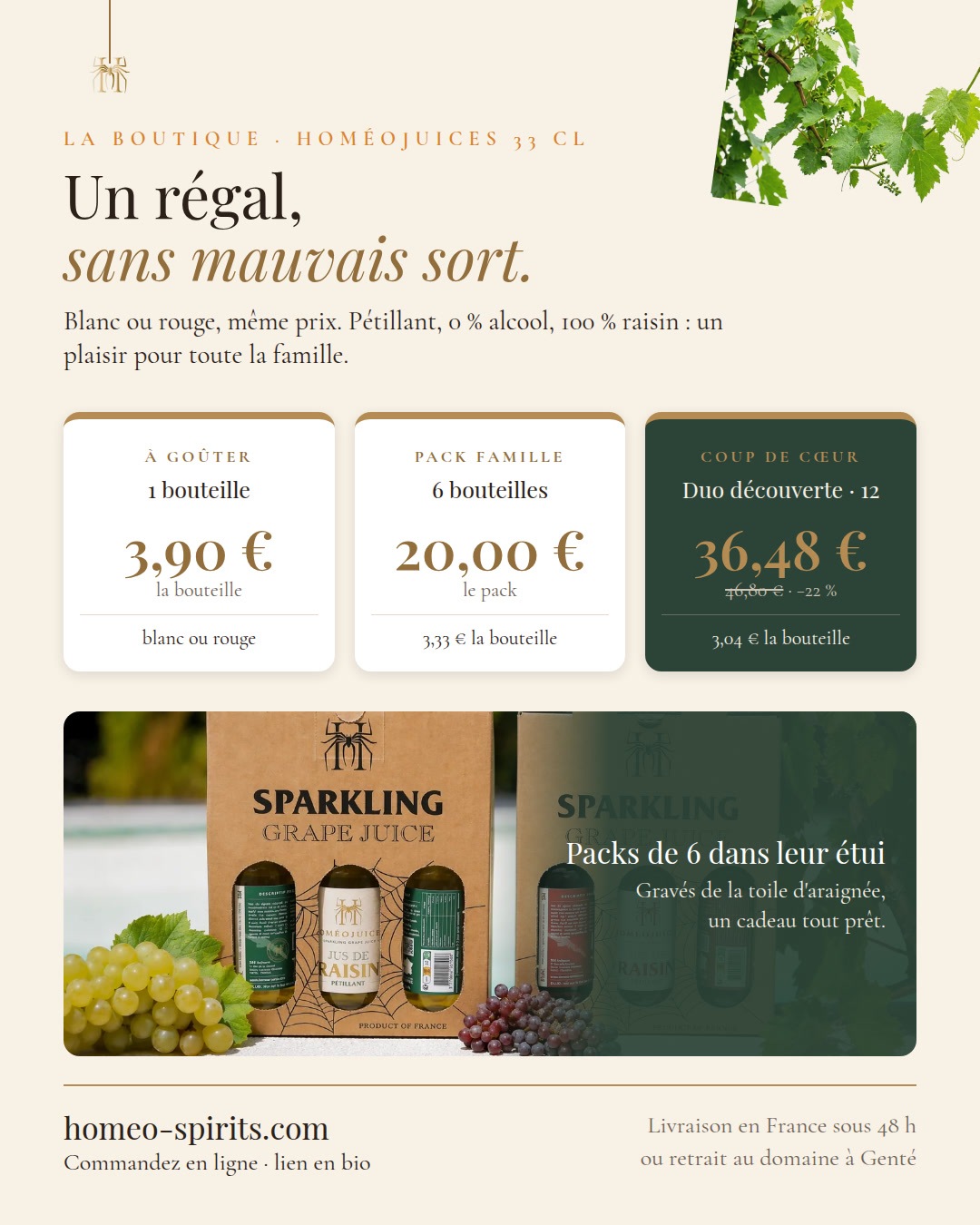 Tarifs HoméoJuices : bouteille, pack de 6 et Duo découverte
