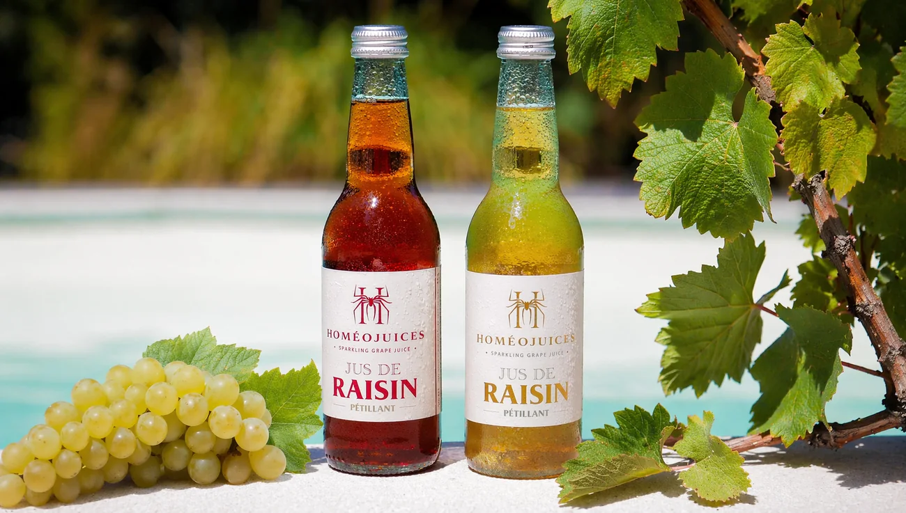 Les jus de raisin pétillants Homéojuices, blanc et rouge, au pied d’un cep de vigne